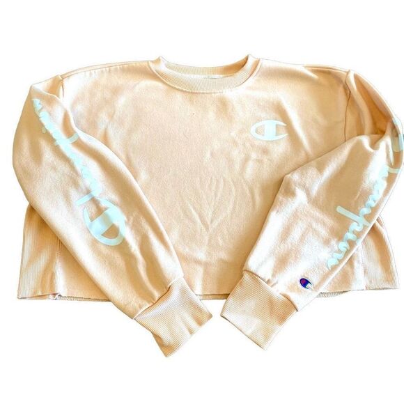 Champion Cropped Sweatshirt Peach Log Sleeve Size Medium - Picture 1 of 16